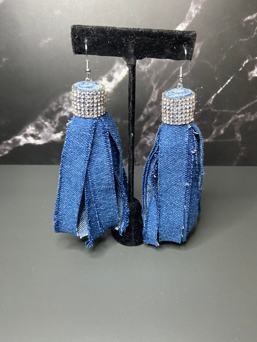 RHINESTONE DENIM TASSEL EARRINGS